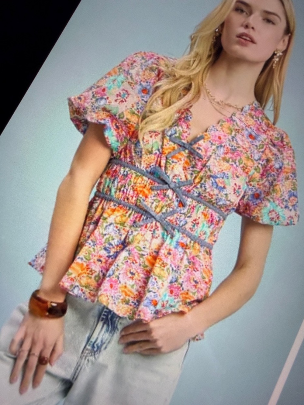 💗Hello Gorgeous! Umgee Mix Floral Smocked Waist Blouse- Peony Mix